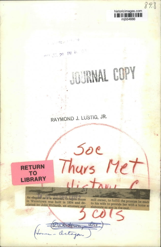 1964 Press Photo Octagon House in Watertown, Wisconsin - mjb54666