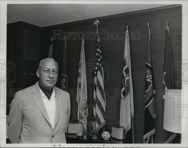 Load image into Gallery viewer, 1968 Press Photo Former General Paul D. Harkins by flags he served under.
