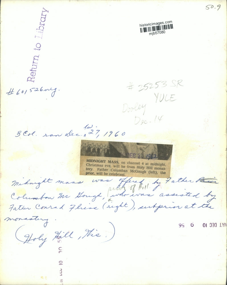 1960 Press Photo Father Columban McGough, the prior, at Holy Hill - mjb57080