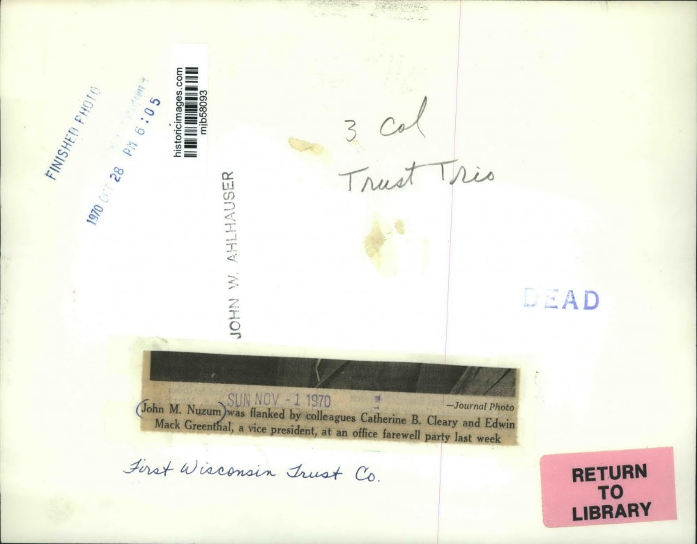 1970 Press Photo John Nuzum and others, First Wisconsin Trust Company