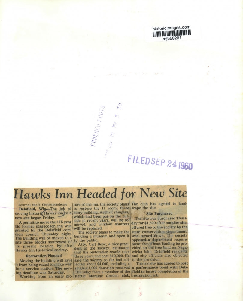 1960 Press Photo Hawks Inn headed for New Site, Delafield Milwaukee - mjb58201