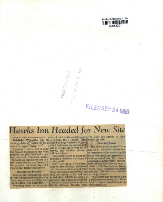 1960 Press Photo Hawks Inn headed for New Site, Delafield Milwaukee - mjb58201