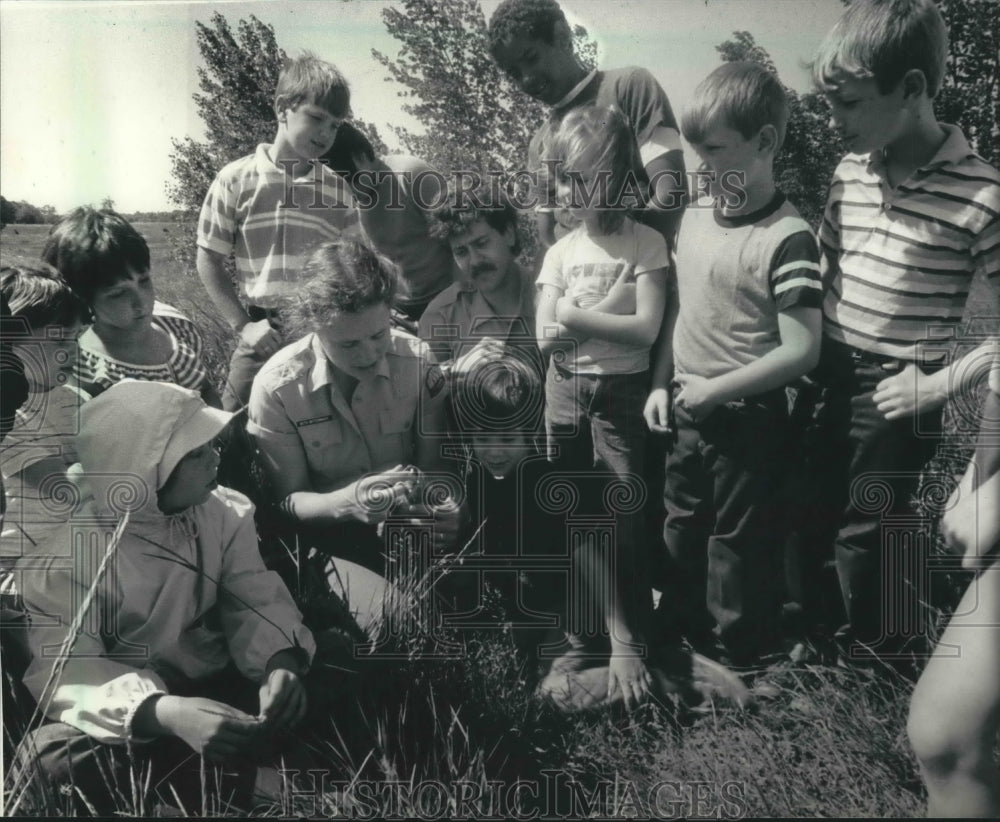 1986 Press Photo Pupils check out woodchuck pelt at Havenswood, Milwaukee- Historic Images