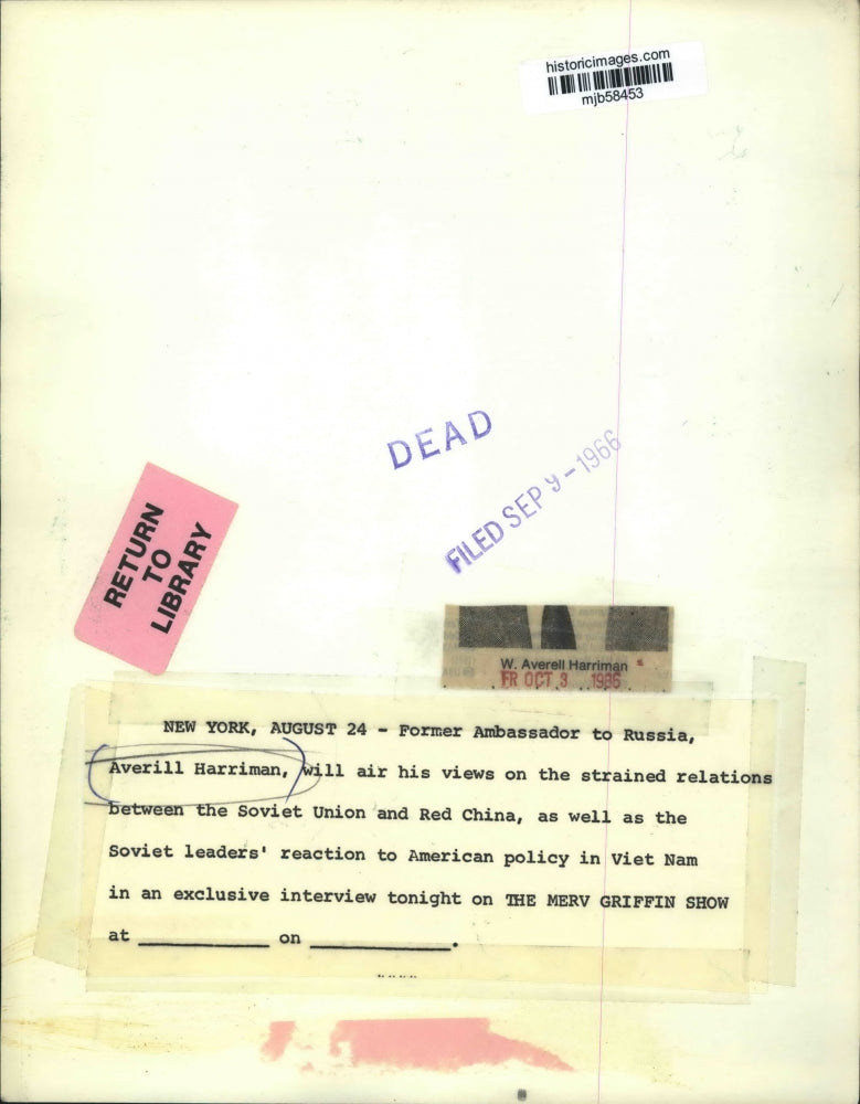 1966 Press Photo Averell Harriman, Former US Ambassador to Russia - mjb58453