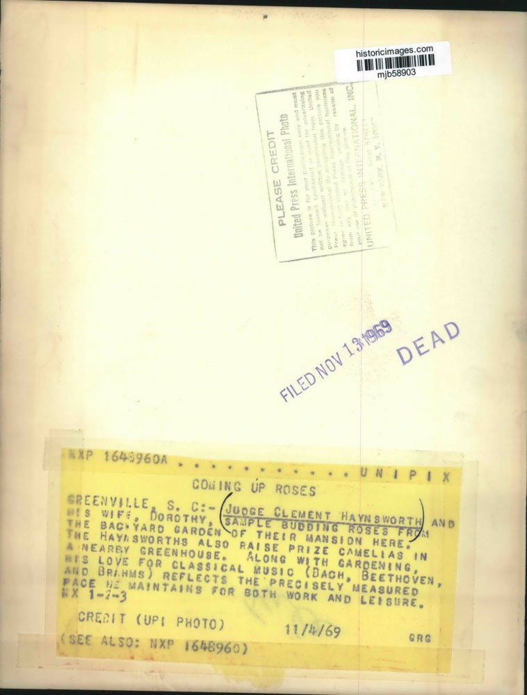 1969 Press Photo Judge Clement Haynsworth and wife love roses and classic music