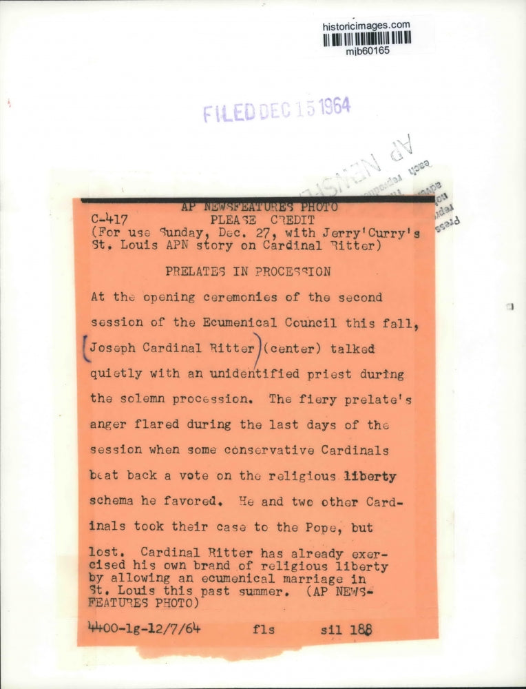 1964 Press Photo Joseph Cardinal Ritter at Ecumenical Council defends his views.