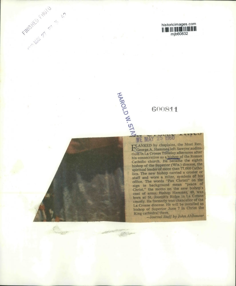 1960 Press Photo Bishop Hammes consecration as eighth bishop, La Crosse