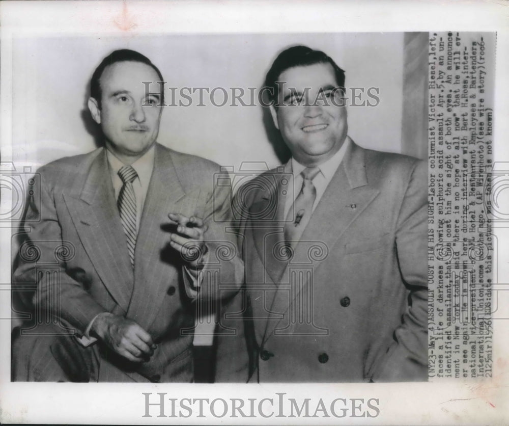 1956 Press Photo Victor Riesel, shown in interview with Bert Ross, New York.