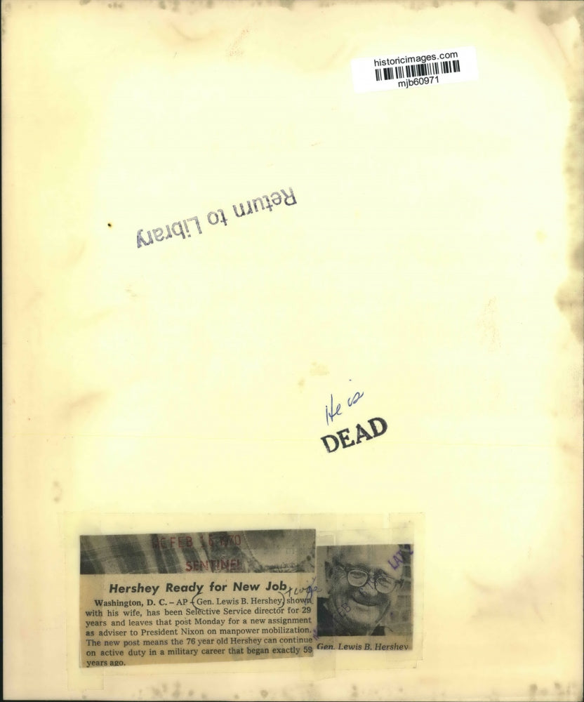 1970 Press Photo General Lewis Hershey, Selective Service Director and wife