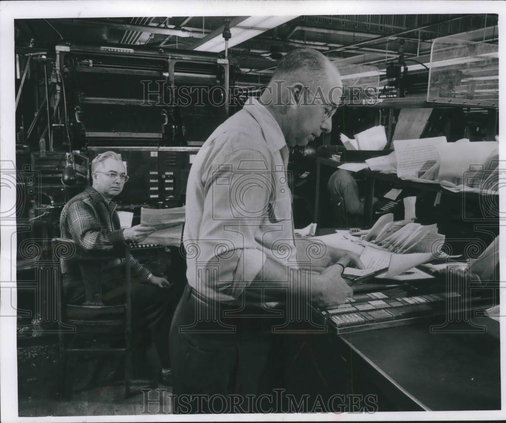 1957 Press Photo Louis P. &amp; Walter Schoenick, Composing Room, Milwaukee Journal- Historic Images