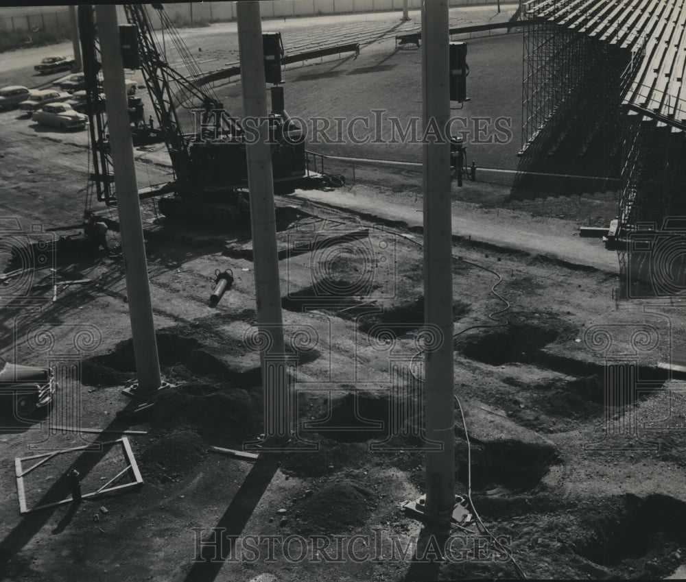 1953 Press Photo Construction Workers Work On the Milwaukee County Stadium