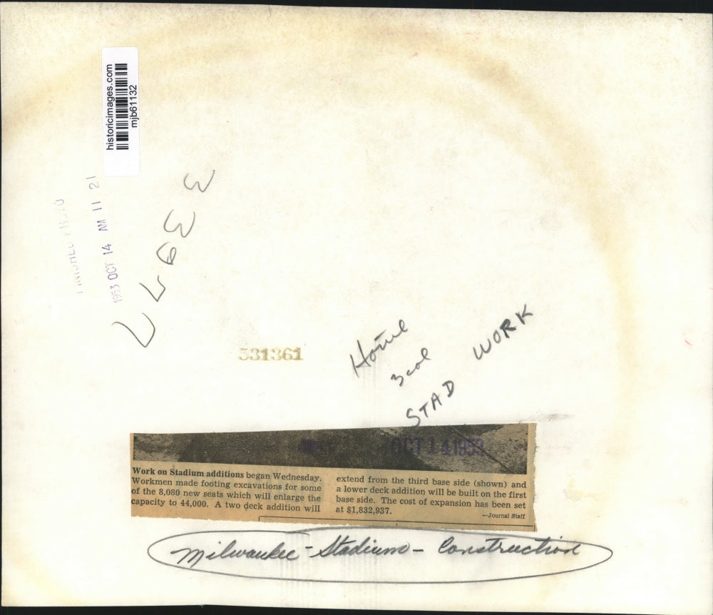 1953 Press Photo Construction Workers Work On the Milwaukee County Stadium