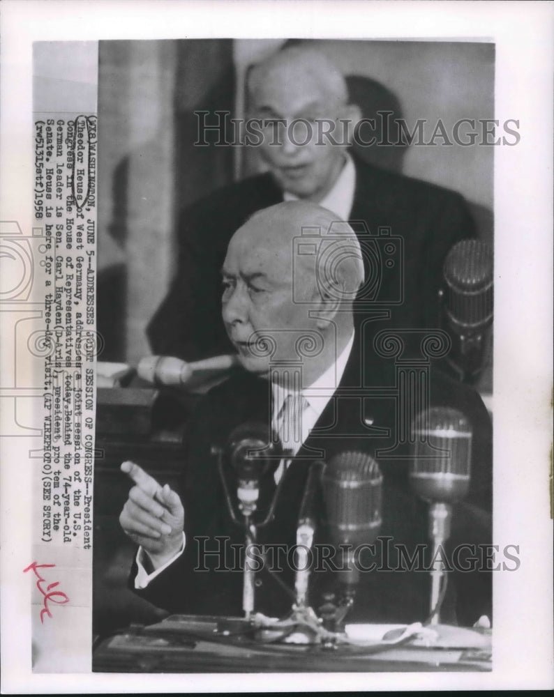 1958 Press Photo West Germany President Theodor Heuss calls US Congress session