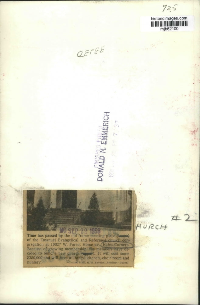 1958 Press Photo Hales Corners Emanuel Evangelical and Reformed church