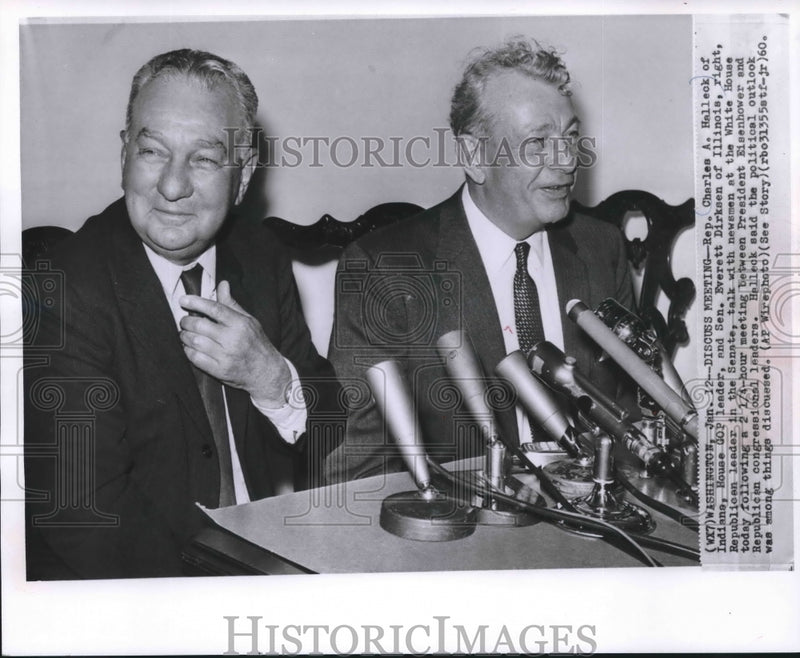 Load image into Gallery viewer, 1960 Press Photo Charles Halleck and Everett Dirksen at a Senate meeting in D.C.

