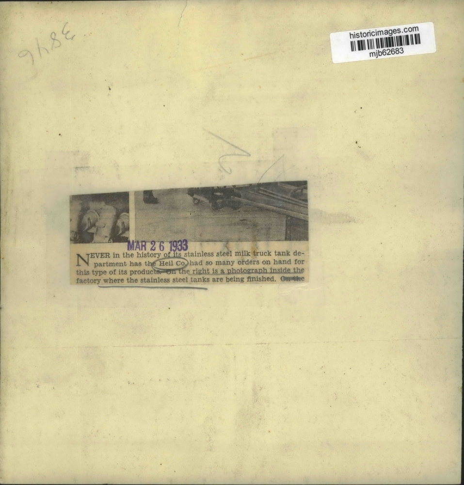 1933 Press Photo Stainless steel milk truck tank at Heil Company - mjb62683