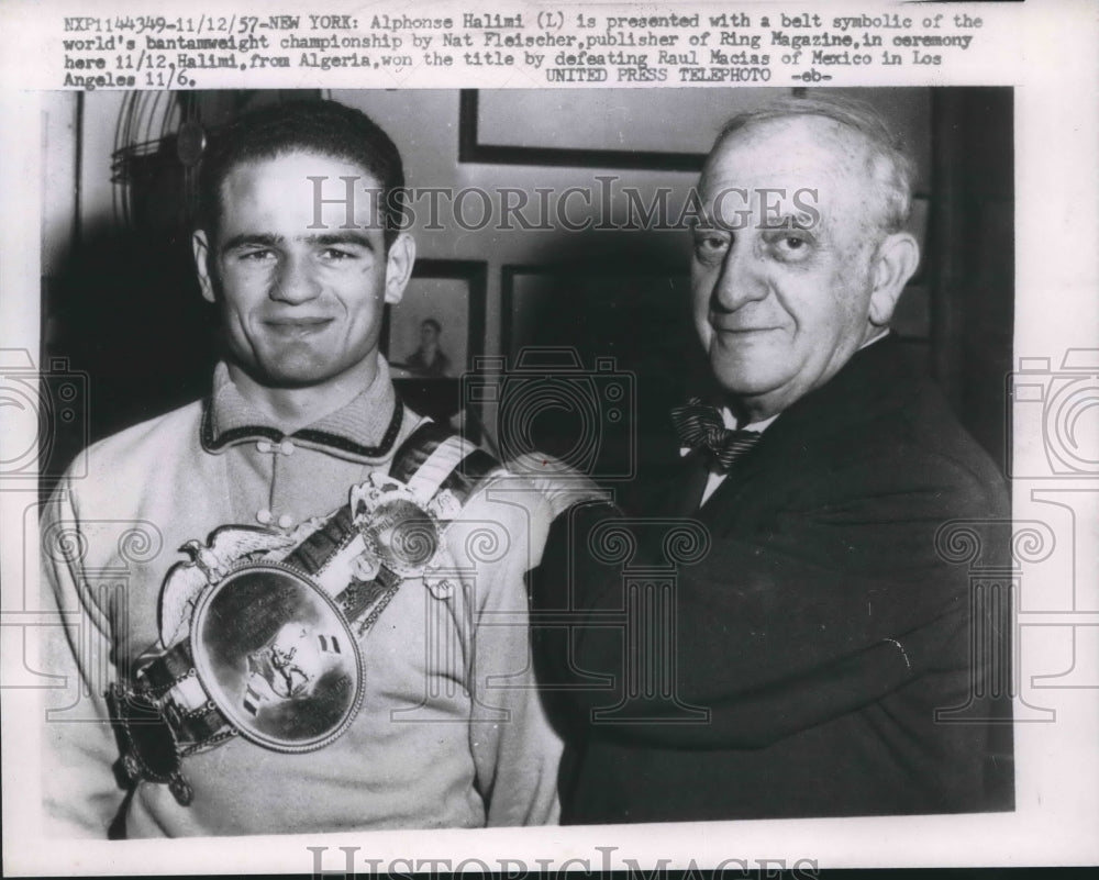 1957 Press Photo Alphonse Halimi, World Bantamweight Champion with Nat Fleischer- Historic Images