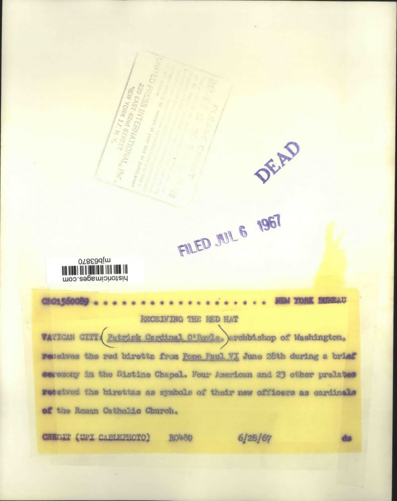 1967 Press Photo Patrick Cardinal O'Boyle with Pope Paul VI at Sistine Chapel