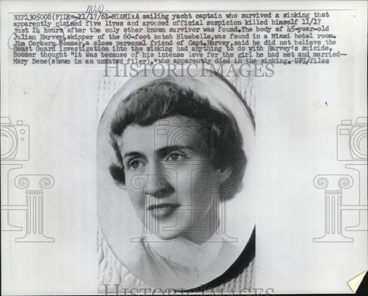 1961 Press Photo Mary Dene, Wife of Captain Julian Harvey, Died in Ship Sinking- Historic Images