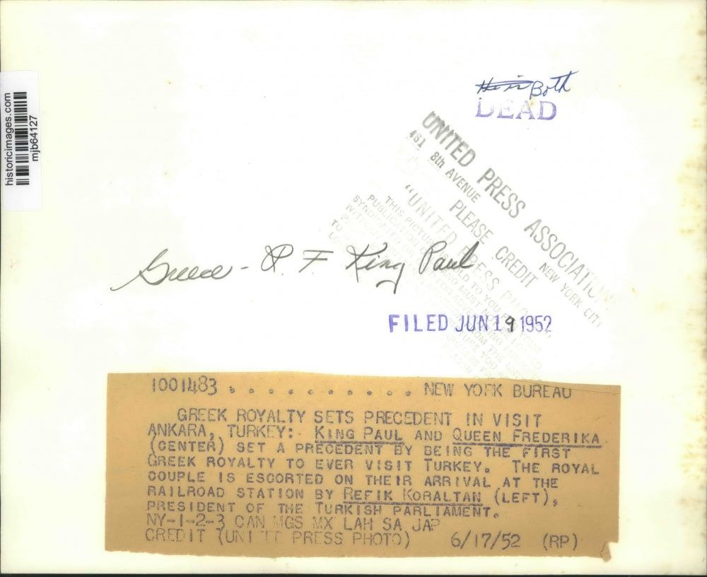 1952 Press Photo King Paul and Queen Frederika of Greece visit Turkey