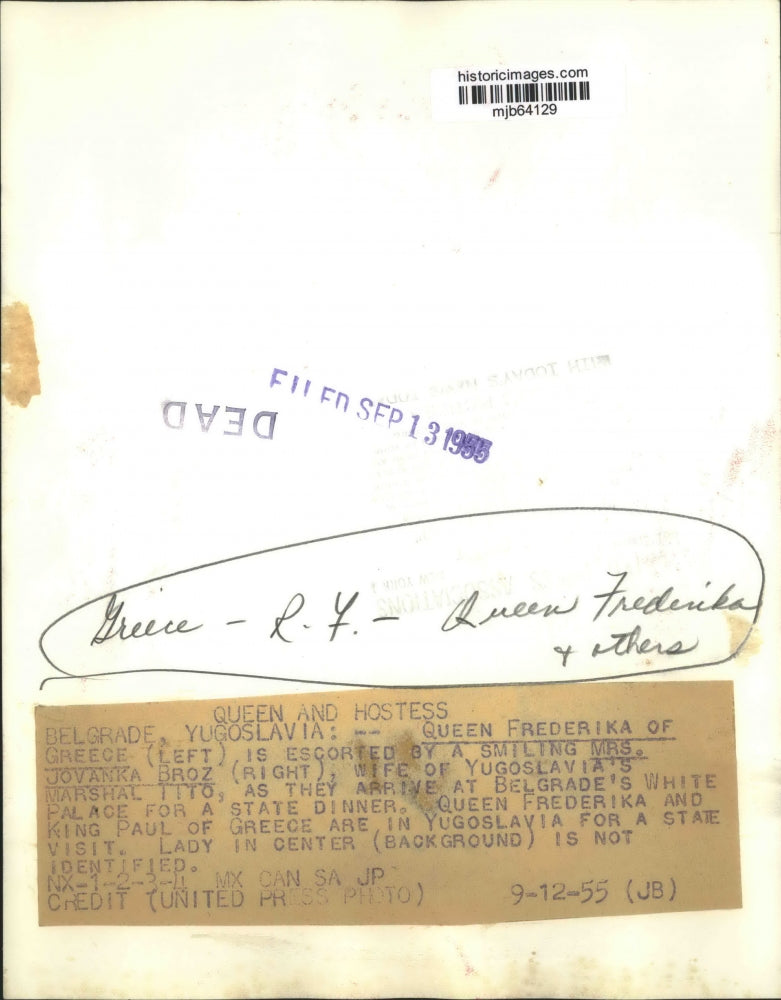 1955 Press Photo Greece's Queen Frederika & Yugoslavia's Mrs,. Jovanka Broz