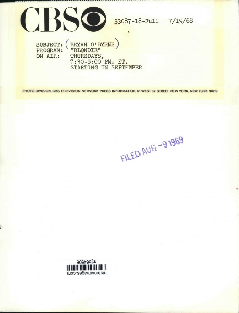 1968 Press Photo Bryan O'Byrne On "Blondie" On CBS - mjb64506