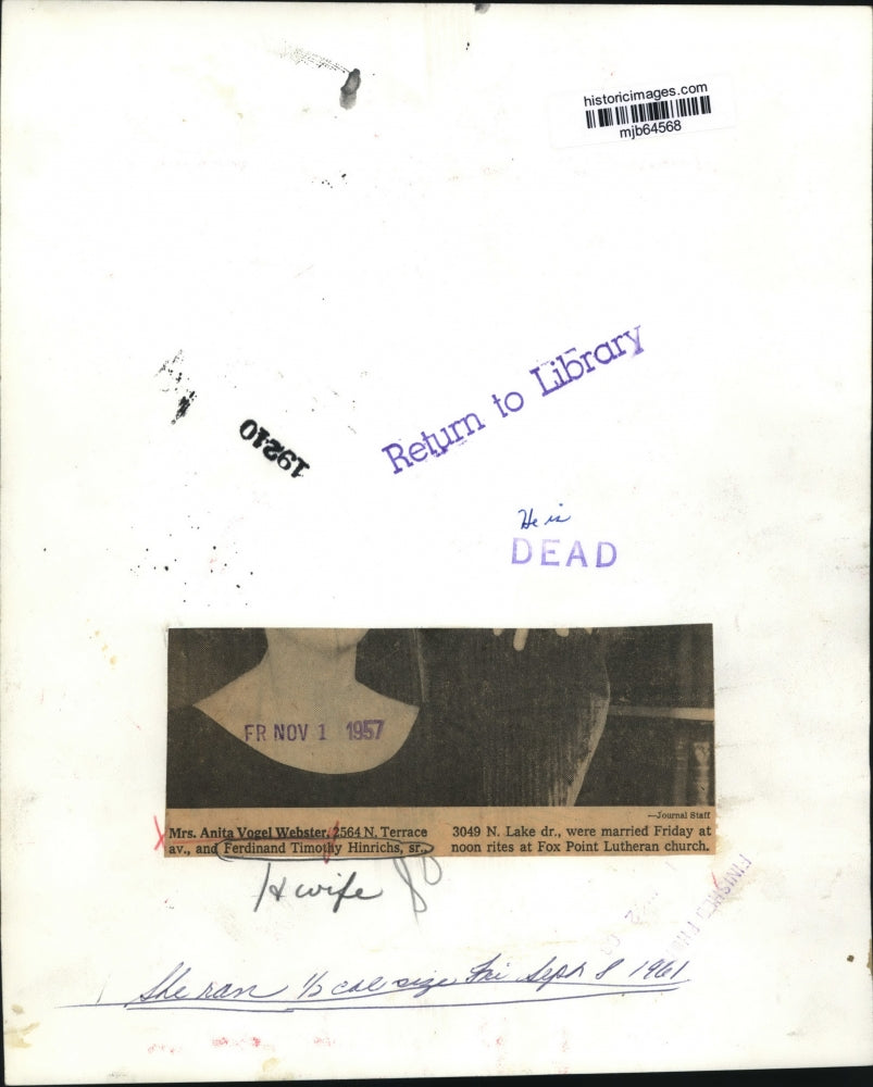 1957 Press Photo Anita Vogel Webster & Ferdinand Timothy Hinrichs, Sr. Married