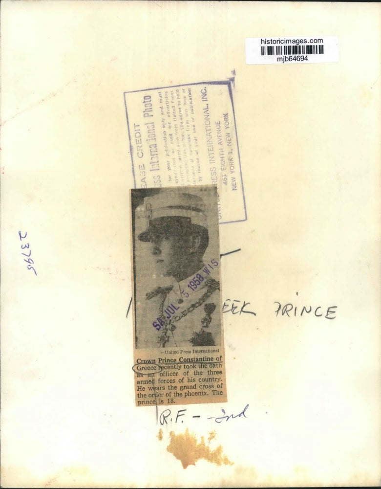 1958 Press Photo Crown Prince Constantine of Greece in Military Uniform