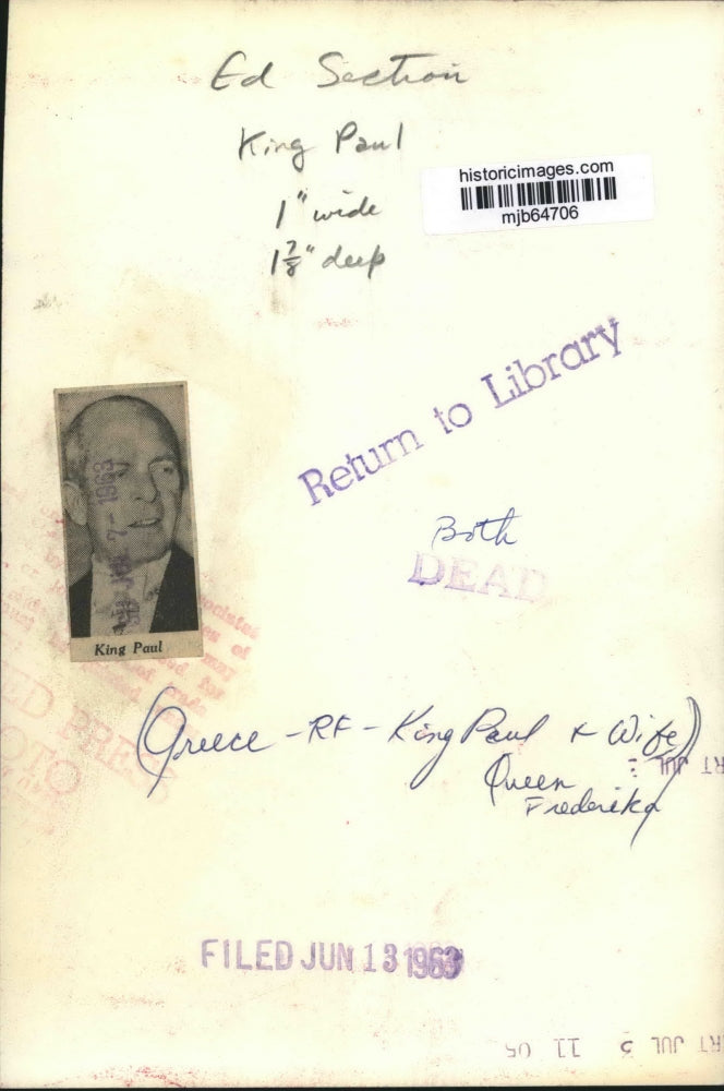 1963 Press Photo King Paul and Queen Frederika of Greece - mjb64706