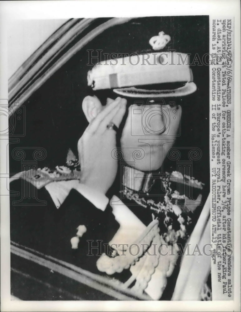 Load image into Gallery viewer, 1964 Press Photo King Constanine - New Ruler of Greece salutes - mjb64776
