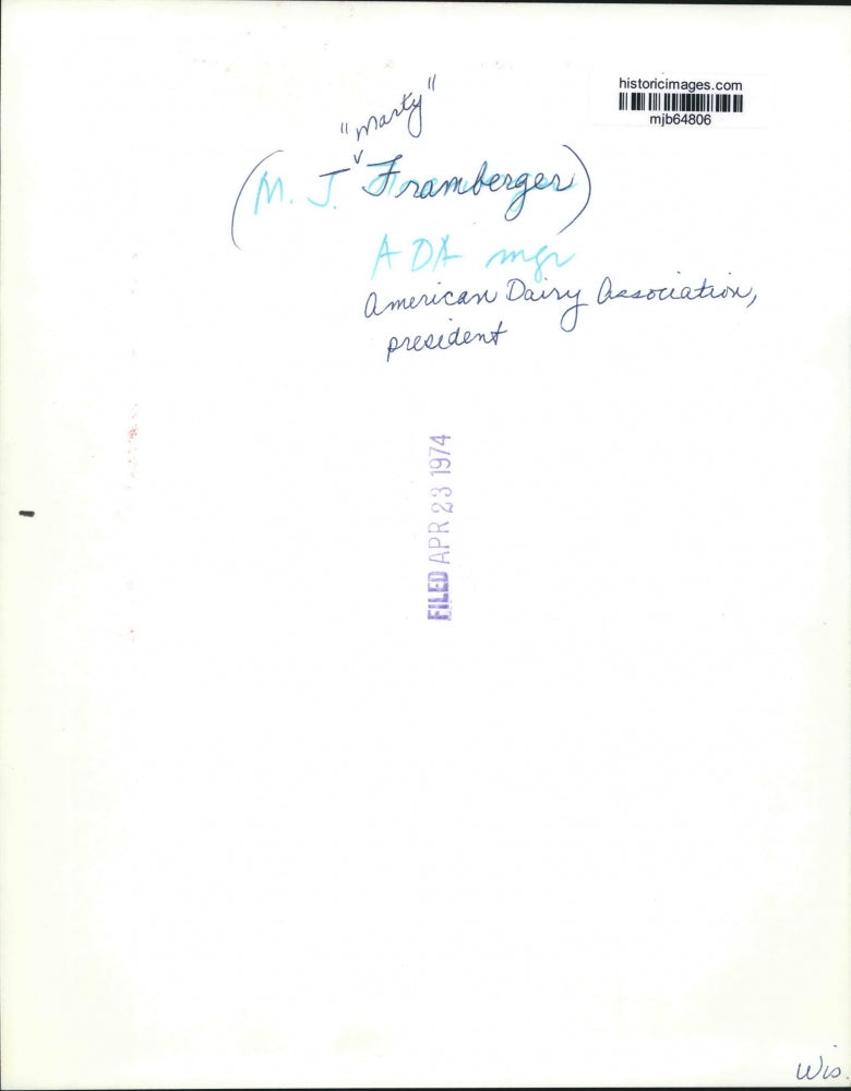 1974 Press Photo M. J. "Marty" Framberger, American Dairy Association President