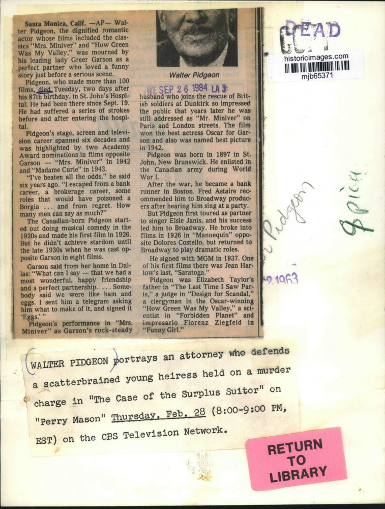 1963 Press Photo Actor Walter Pidgeon - mjb65371