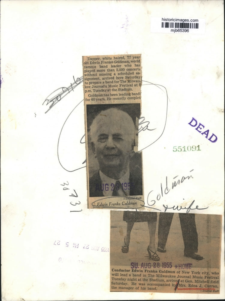 1955 Press Photo Conductor Edwin Franko Goldman and Mrs. Edna Curran, Milwaukee