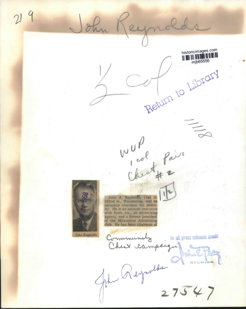 1958 Press Photo John Reynolds, Wauwatosa, named associate chairman of publicity