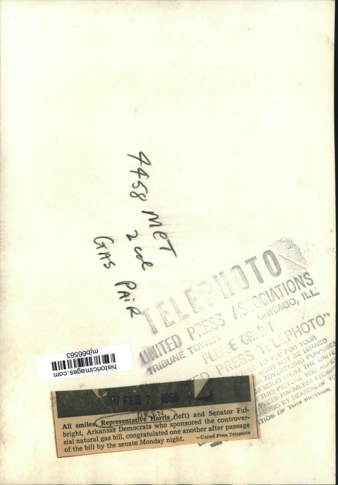 1956 Press Photo Harris and Fulbright congratulate a passed natural gas bill.