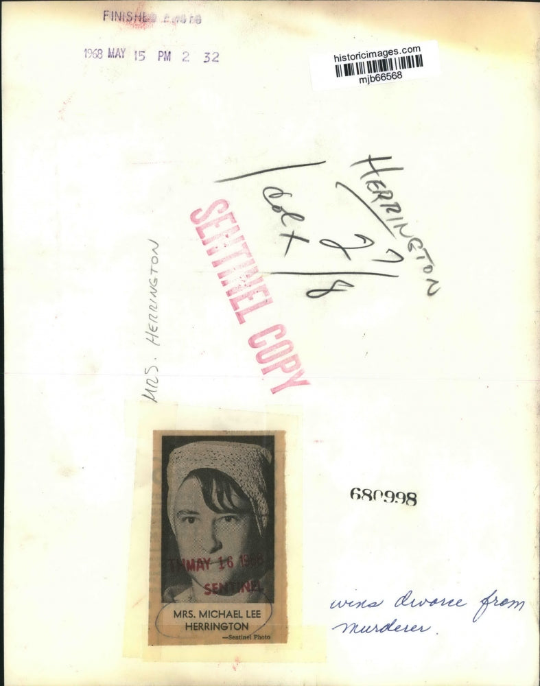 1968 Press Photo Mrs. Michael Herrington wins divorce from murderer. - mjb66568