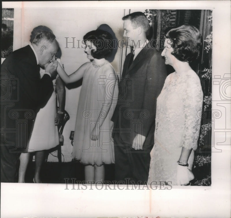 Load image into Gallery viewer, 1966 Press Photo Luci Johnson and Patrick J. Nugent in receiving line at party
