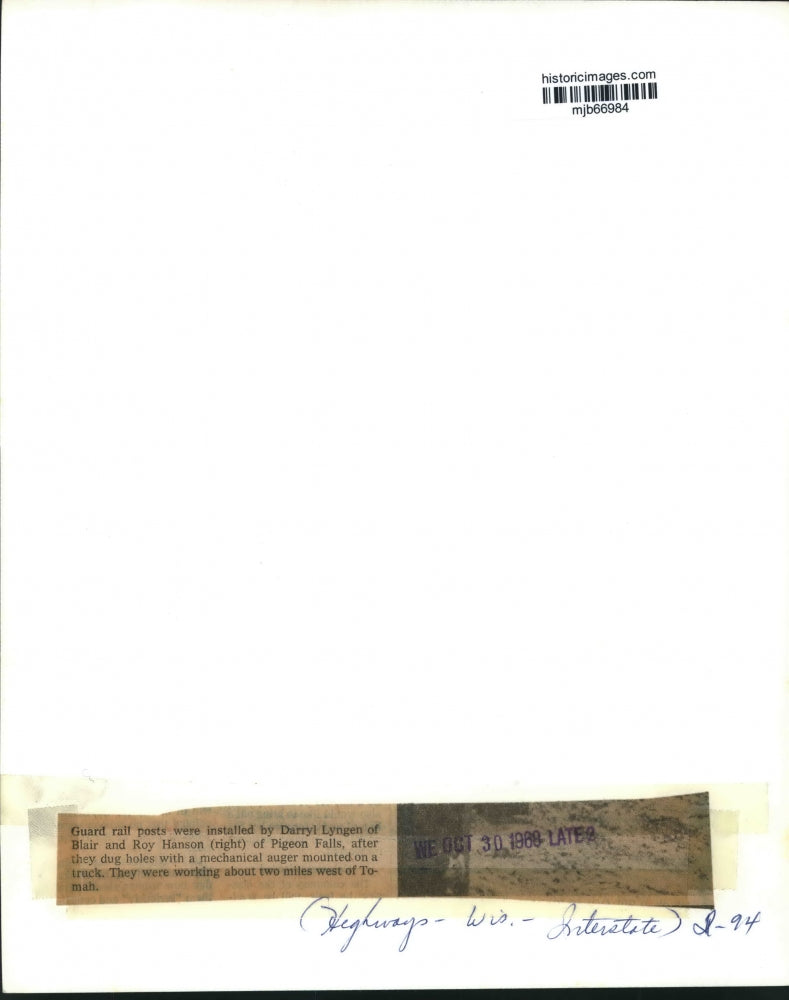 1968 Press Photo Workers dug holes to install guard rail posts, Wisconsin.