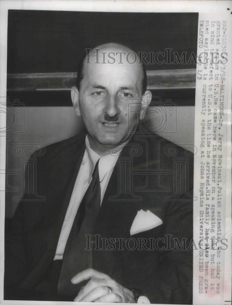 1958 Press Photo Dr. Jerzy Nowinski, a polish scientist speaking, Maryland.