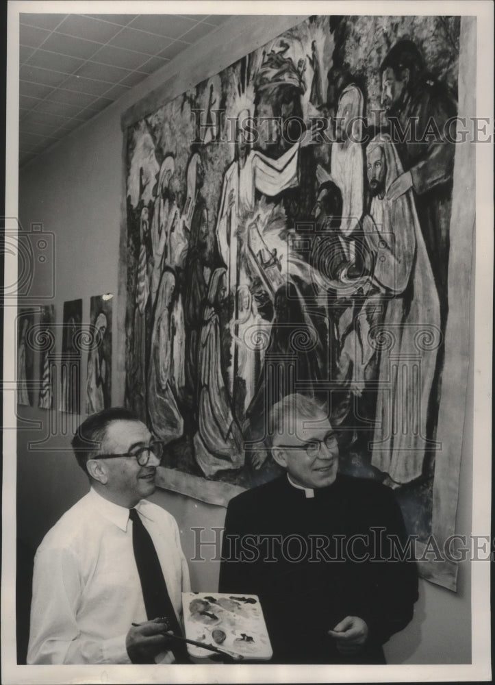 1958 Press Photo Father O'Donnell Of Marquette University Receives Paintings