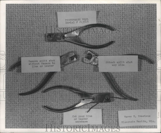 1953 Press Photo Fisherman's Tool, invented by Harry Precious, Wisconsin Rapids- Historic Images