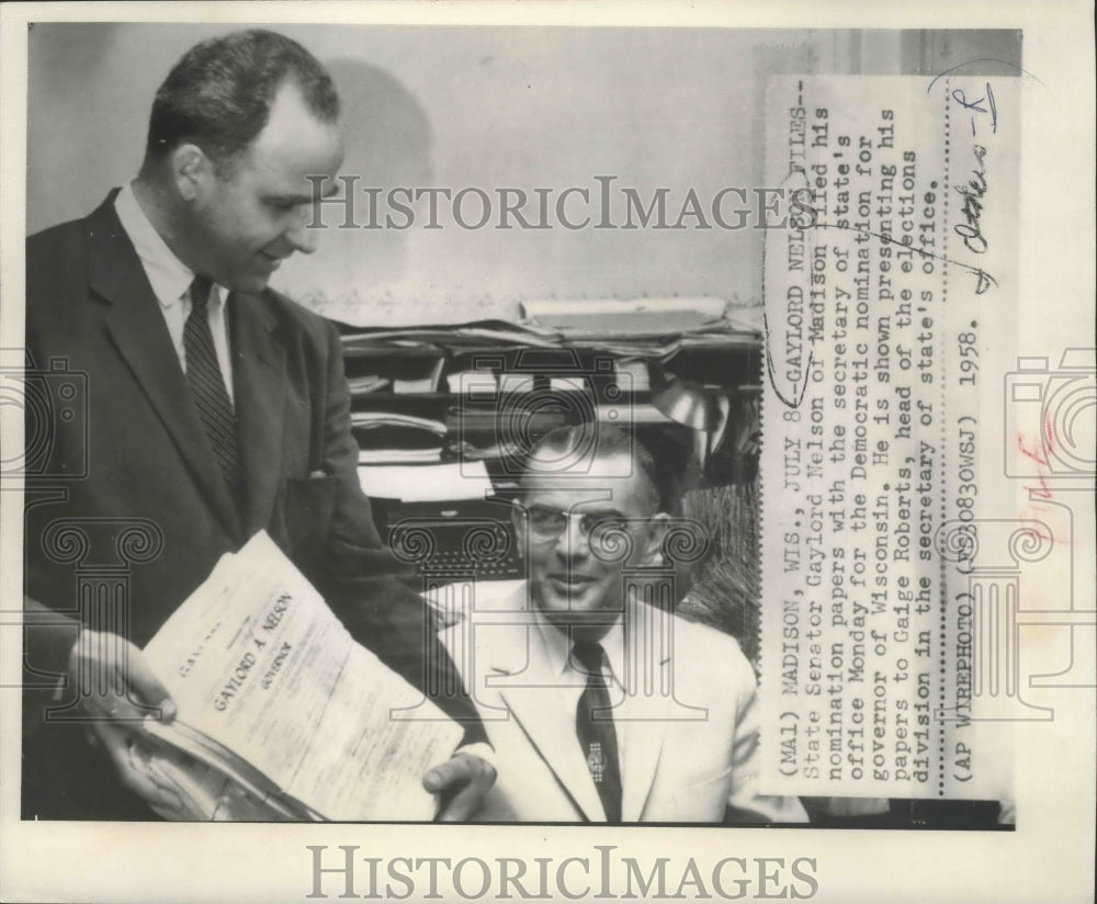 1958 Press Photo Gaylord Nelson files nomination papers for Wisconsin Governor