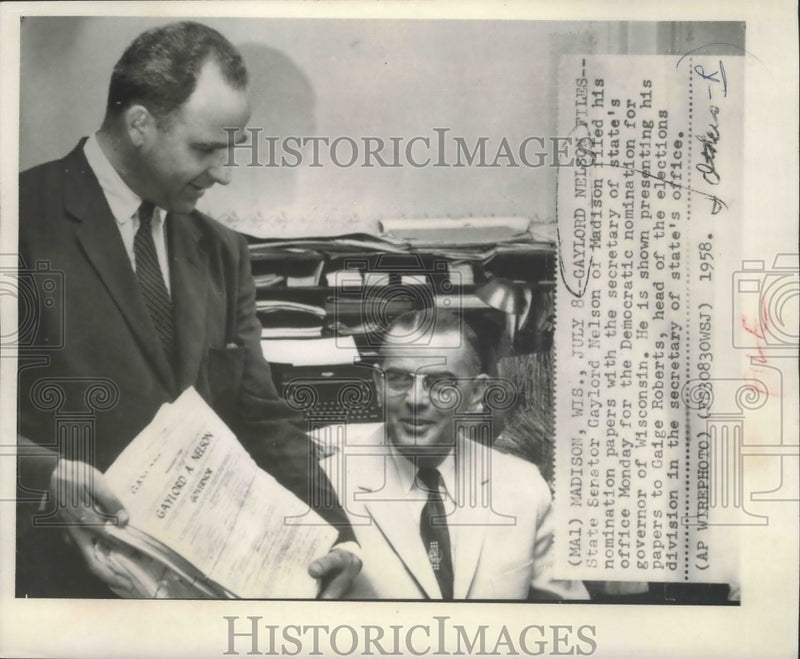 Load image into Gallery viewer, 1958 Press Photo Gaylord Nelson files nomination papers for Wisconsin Governor

