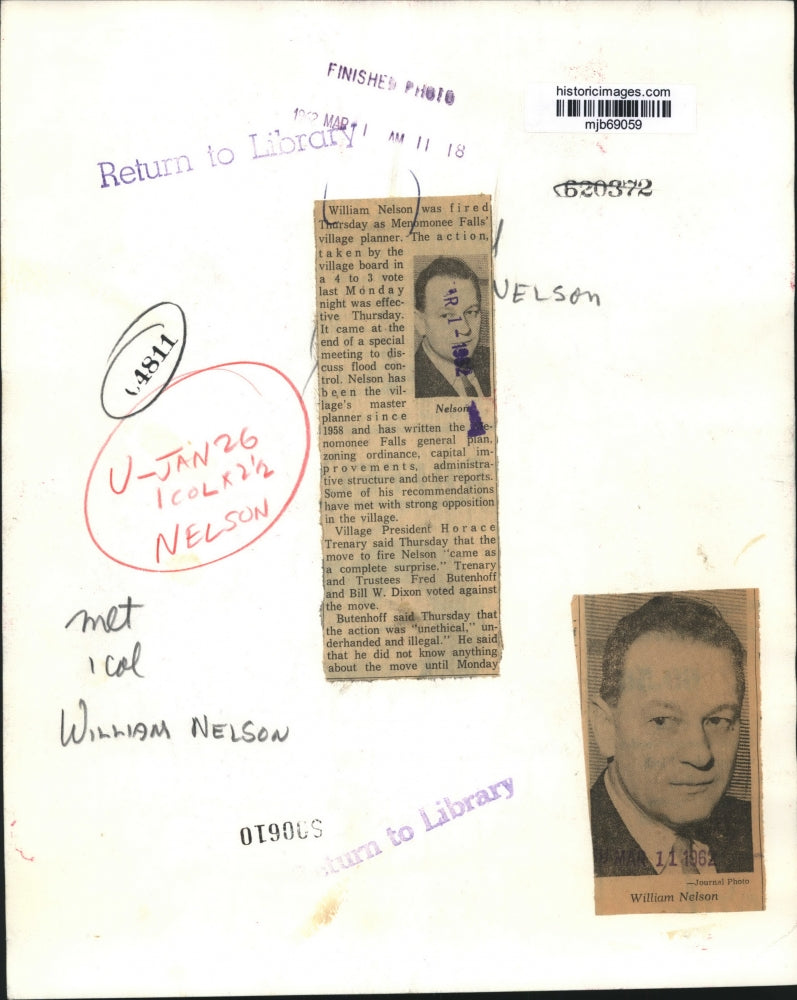 1962 Press Photo William Nelson, former Menomonee Falls village planner