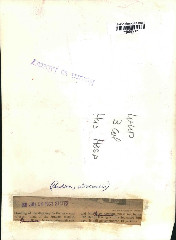 1963 Press Photo T.F. Besser and Kay Atwood at Hudson hospital, Wisconsin