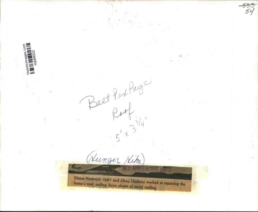 1971 Press Photo Elain Nesterick (left) and Alexa Duxbuy repair home's roof