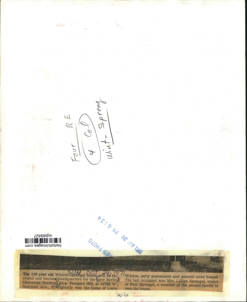 Load image into Gallery viewer, 1971 Press Winton-Sprengel home becomes Wisconsin Historical Society, New Berlin
