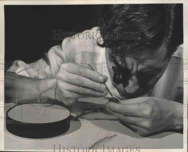 Load image into Gallery viewer, 1953 Press Photo Askinos uses eyepiece and tweezers to attached leash to beetle

