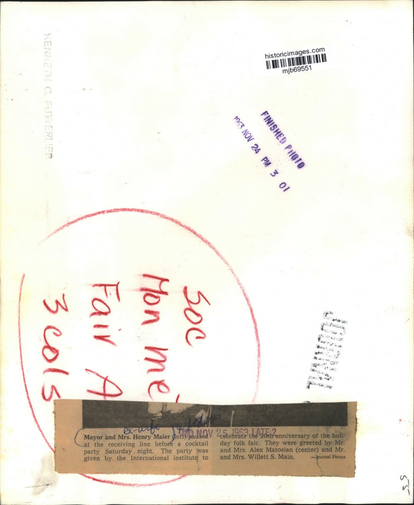 1963 Press Photo Mayor and Mrs. Maier receiving others at cocktail party.