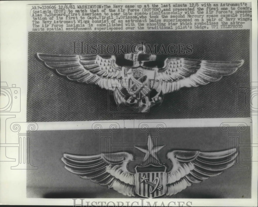 1961 Press Photo Navy and Air Force Astronaut Insignia Wings - mjb69713- Historic Images